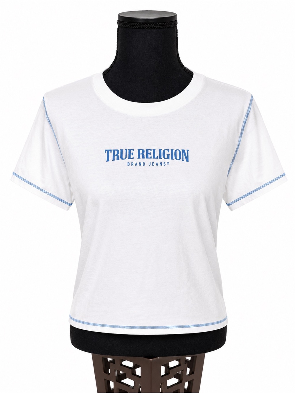 True Religion Blue Stitch Logo Crop Tee White Size XL
